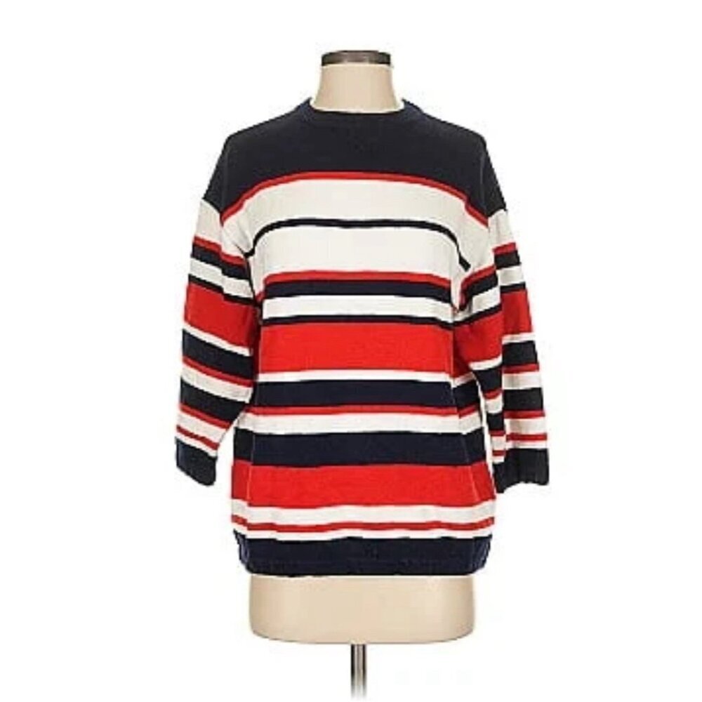 St. John Sport Sweater Sz M Marie Gray Red White Blue Striped Tunic‎ Knit Preppy